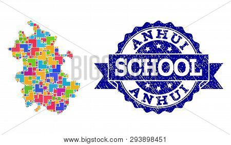 Mosaic Puzzle Map Of Anhui Province And Rubber School Seal With Ribbon. Vector Map Of Anhui Province