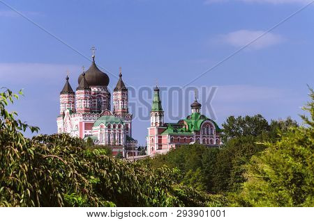 Beautiful Orthodox Church Surrounded By Trees On A Warm Day, The Church Of Panteleimon In Kiev Ukrai