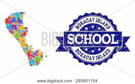 Mosaic Puzzle Map Of Boracay Island And Rubber School Seal With Ribbon. Vector Map Of Boracay Island