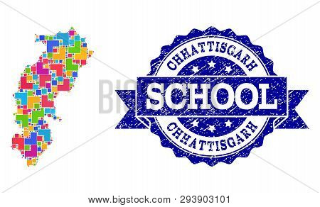 Mosaic Puzzle Map Of Chhattisgarh State And Grunge School Seal With Ribbon. Vector Map Of Chhattisga