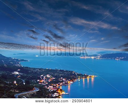 Night Summer Croatian Peljesac Peninsula (viganj, Croatia) Coastline, And Korcula Village And Island