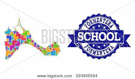 Mosaic Puzzle Map Of Formentera Island And Corroded School Seal With Ribbon. Vector Map Of Formenter