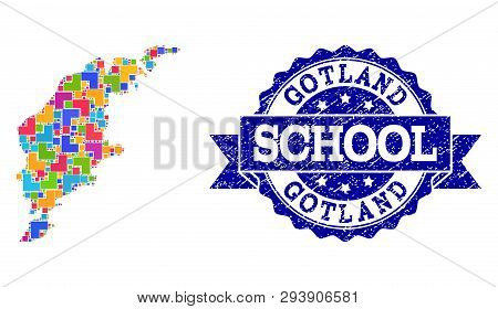 Mosaic Puzzle Map Of Gotland Island And Unclean School Seal Stamp With Ribbon. Vector Map Of Gotland