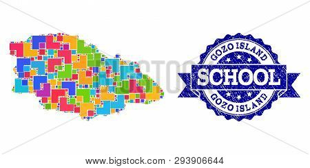 Mosaic Puzzle Map Of Gozo Island And Rubber School Seal Stamp With Ribbon. Vector Map Of Gozo Island