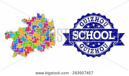 Mosaic Puzzle Map Of Guizhou Province And Rubber School Seal With Ribbon. Vector Map Of Guizhou Prov