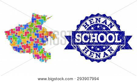 Mosaic Puzzle Map Of Henan Province And Corroded School Seal With Ribbon. Vector Map Of Henan Provin