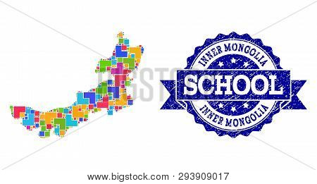 Mosaic Puzzle Map Of Inner Mongolia And Scratched School Seal With Ribbon. Vector Map Of Inner Mongo