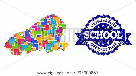Mosaic Puzzle Map Of Kahoolawe Island And Corroded School Seal With Ribbon. Vector Map Of Kahoolawe 