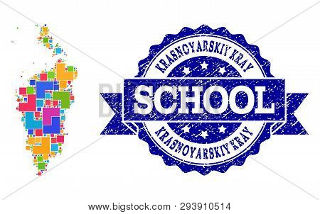 Mosaic Puzzle Map Of Krasnoyarskiy Kray And Grunge School Seal With Ribbon. Vector Map Of Krasnoyars