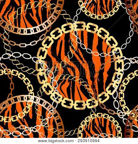 Fashion Seamless Pattern With Golden Chains And Tiger Print. Fabric Design Background With Chain, Me