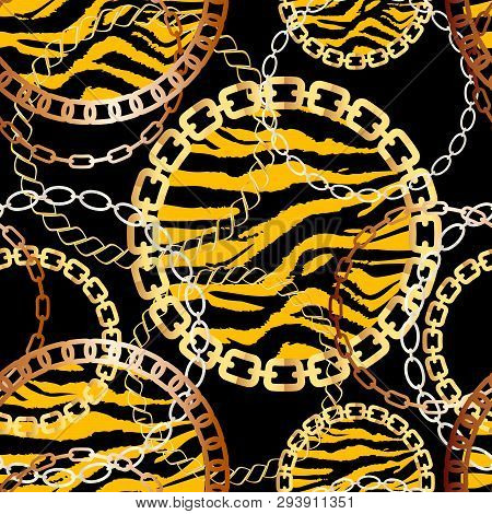 Fashion Seamless Pattern With Golden Chains And Tiger Print. Fabric Design Background With Chain, Me