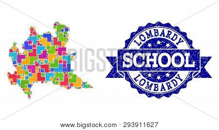 Mosaic Puzzle Map Of Lombardy Region And Scratched School Seal Stamp With Ribbon. Vector Map Of Lomb