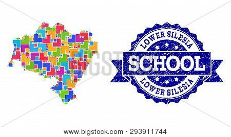 Mosaic Puzzle Map Of Lower Silesia Province And Rubber School Stamp With Ribbon. Vector Map Of Lower