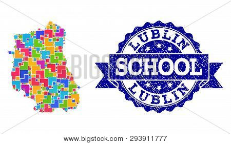 Mosaic Puzzle Map Of Lublin Province And Rubber School Seal Stamp With Ribbon. Vector Map Of Lublin 