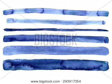 Set Of Hand Painted Indigo Blue Watercolor Simple Stripes. Isolated On White Background. Navy Blue M