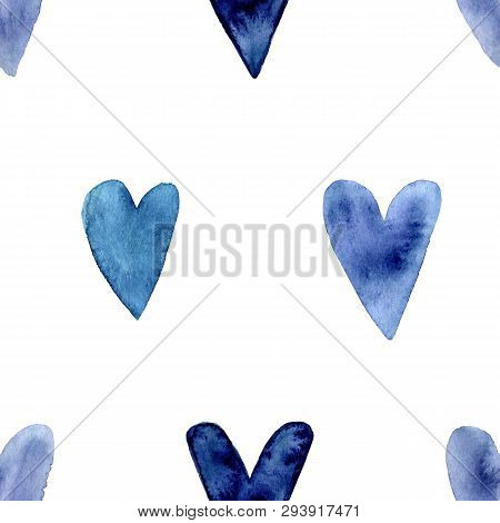 Seamless Pattern With Hand Painted Indigo Blue Watercolor Hearts. Valentines Day, Aquarelle Illustra