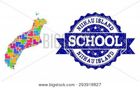 Mosaic Puzzle Map Of Niihau Island And Unclean School Seal With Ribbon. Vector Map Of Niihau Island 