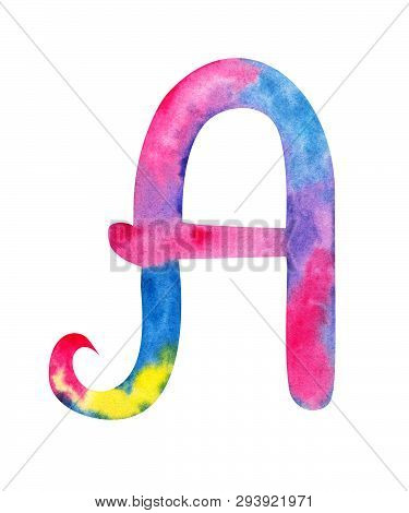 Hand Painted Watercolor English Letter A Whit Gentel Pink, Blue, Purple And Yellow Splashes
