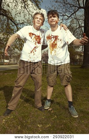 Men In Street Park Fighting After Eating Langos With Garlic, Ketchup And Cheese
