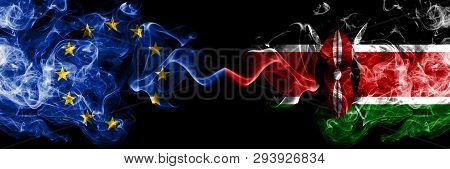 European Union Vs Kenya, Kenyan Smoke Flags Placed Side By Side. Thick Colored Silky Smoke Flags Of 