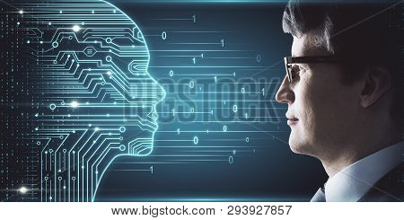 Side Portrait Of Attractive Young European Businessman With Digital Head Outline, Circuit And Binary