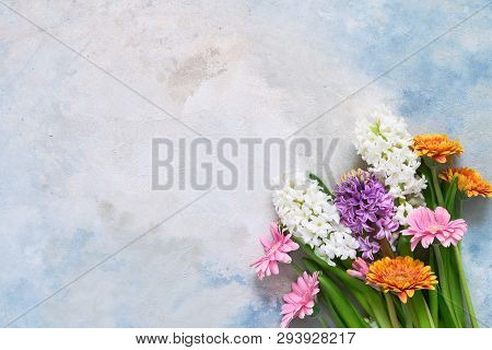 Colorful Bouquet Of  Gerberas And Hyacinths Flowers. Copy Space, Top View. Greeting Card.