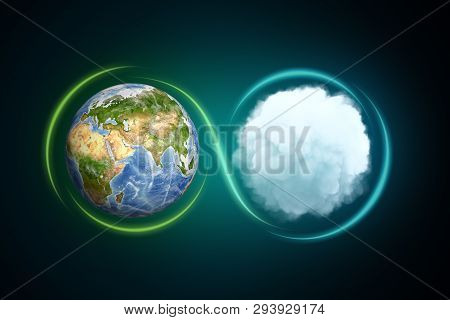 3d Rendering Of The Earth Next To A White Round Fluffy Cloud With A Light Line Traced Around Them Fo