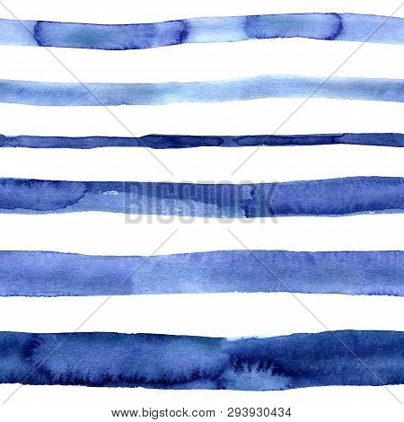 Set Of Hand Painted Indigo Blue Watercolor Simple Stripes. Isolated On White Background. Navy Blue M
