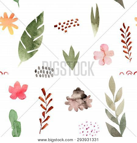 Watercolor Seamless Pattern Of Tropical Flowers And Leaves. Tropic Summer Print For Fabric Textile, 
