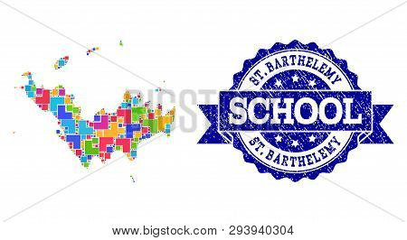 Mosaic Puzzle Map Of Saint Barthelemy And Rubber School Seal With Ribbon. Vector Map Of Saint Barthe