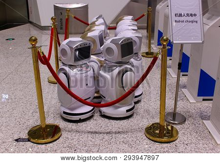 Guangzhou, China - Mart 10, 2019: Cute Aiding Robots For Passengers Using Guangzhou Baiyun Internati