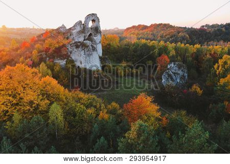 A Panoramic View Of The Unique Okiennik Rock In Poland With A Large Natural Window