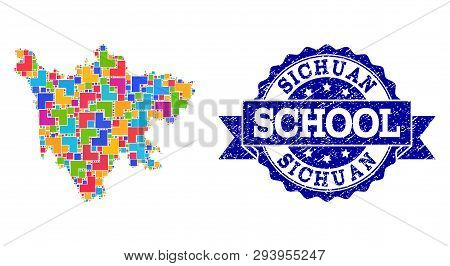 Mosaic Puzzle Map Of Sichuan Province And Grunge School Seal With Ribbon. Vector Map Of Sichuan Prov