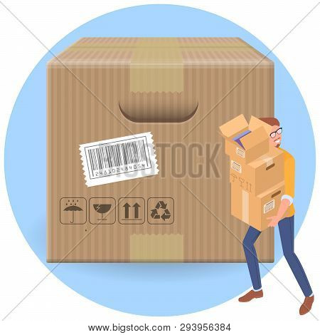 Delivery Man With Parcell Cartboard Boxes . Flet Design Isometric Vecror Character Concept For Onlin