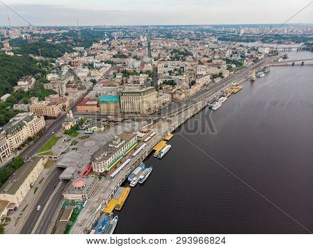 Aerial View Of City Riverside. Rivershore. Copy Space. Summer Time