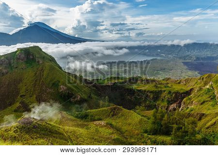 Active Indonesian Volcano Batur In The Tropical Island Bali. Indonesia. Batur Volcano Sunrise Sereni