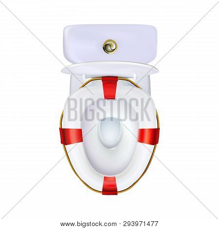 Realistic Open White Toilet Bowl With Seat Of Nautical Lifebuoy. Rescue Lavatory, Ceramic Closet, Ic