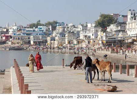 Pushkar, India - January 5, 2019: Pilgrims Walking On Ghat Along Pushkar Sarovar Lake. It Is Located