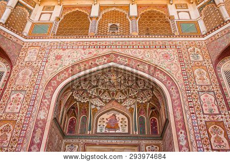 Jaipur, India - January 3, 2019: Exteriorl Of Ganesh Gate In Amber Fort, Rajasthan State
