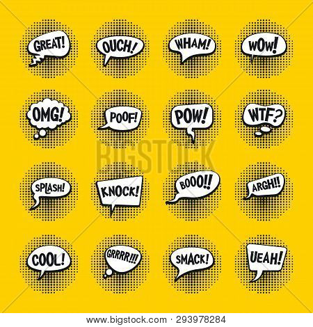 Comic Speech Bubbles, Funny Balloons With Halftone Shadows. Vector Collection On Yellow Background. 