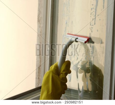 Process of window washing. A hand in rubber glove cleaning window by special cleaning brush, squeegee. Window is covered with a cleaner foam