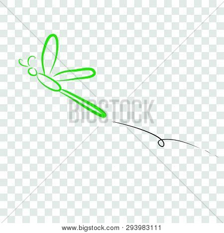 Vector Simple Sketch Of Flying Green Dragonfly, At Transparent Effect Background.