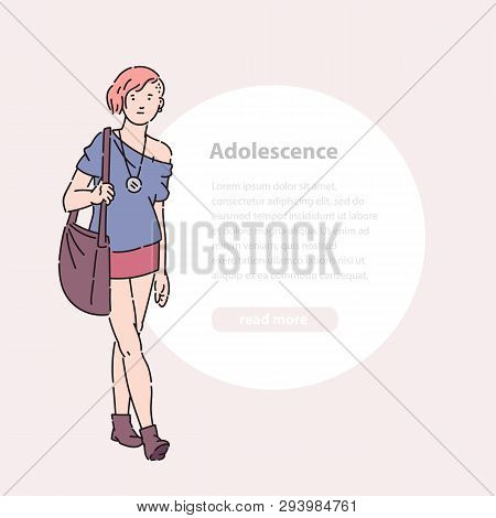 Young Teen Girl With Stylish Haircut And Clothes Vector Line Art Flat Illustration Banner And Round 