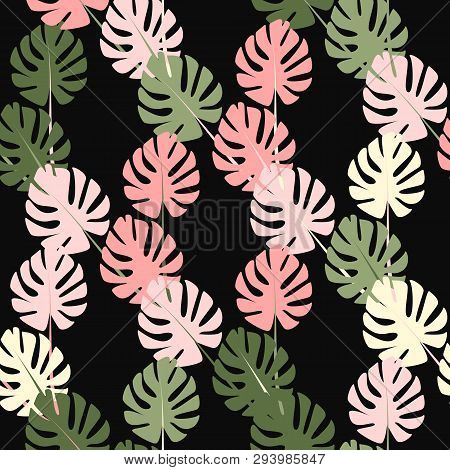 Monstera Leaves. Palm Monstera Seamless Pattern. Botanical Drawing. Botanical Floral Decoration Text