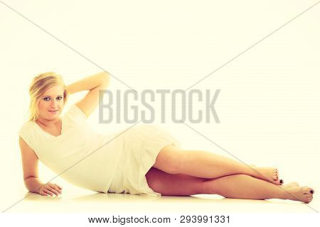 Subtlety And Delicacy Of Women. Young Fabulous Stunning Charming Woman In White Clothes. Casual Beau
