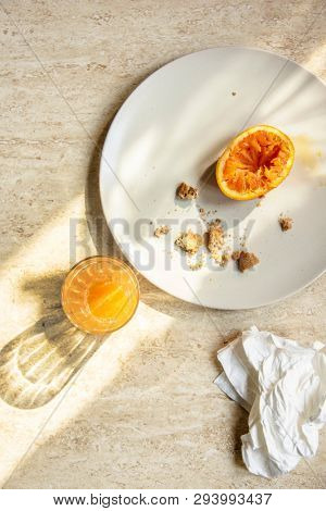 Dirty and empty dishes after breakfast and after party. Real life concept at home. 