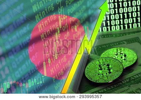 Bangladesh Flag And Cryptocurrency Growing Trend With Two Bitcoins On Dollar Bills And Binary Code D