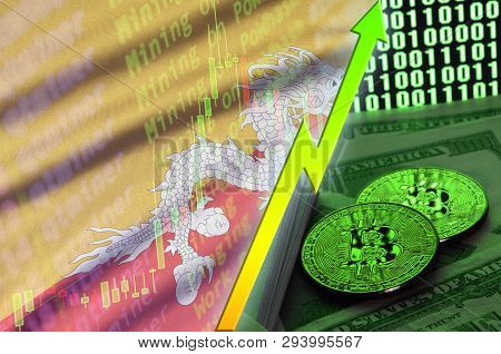 Bhutan Flag And Cryptocurrency Growing Trend With Two Bitcoins On Dollar Bills And Binary Code Displ