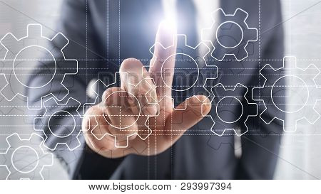 Gears Mechanism, Digital Transformation, Data Integration And Digital Technology Concept.