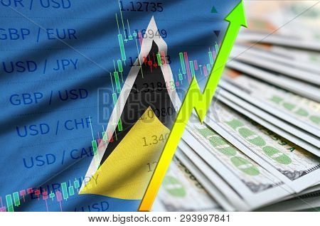 Saint Lucia Flag And Chart Growing Us Dollar Position With A Fan Of Dollar Bills
